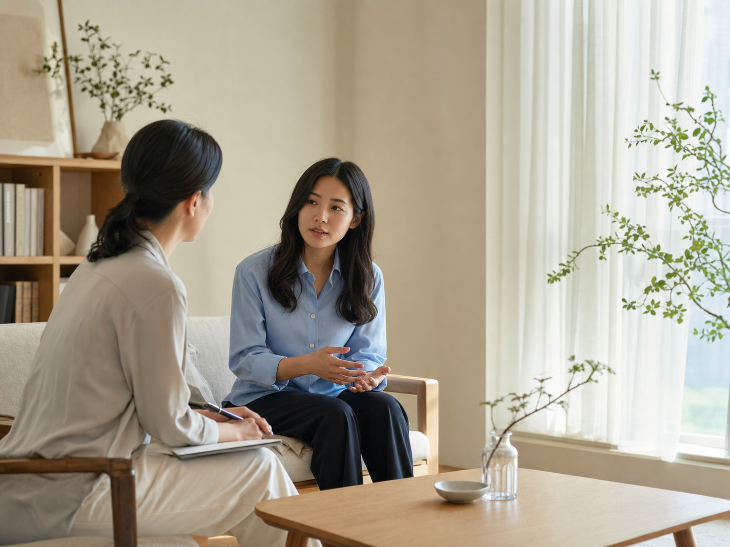 차분한 상담실에서 대화하는 상담사와 내담자